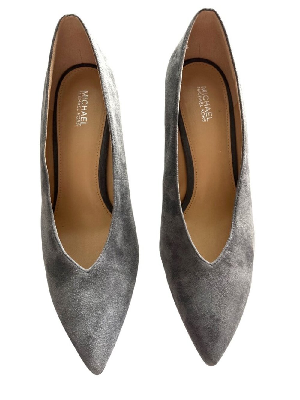MICHAEL Michael Kors Gray Suede Heels Pointed-Toe Heels Silver Band Logo 9.5 - Picture 7 of 9